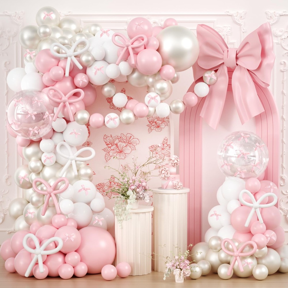 Pink Bow Balloons Arch Garland Kit,199Pcs Pink and White Balloon Arch Kit wit…
