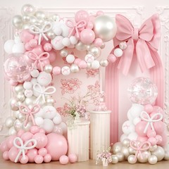 Pink Bow Balloons Arch Garland Kit,199Pcs Pink and White Balloon Arch Kit wit…