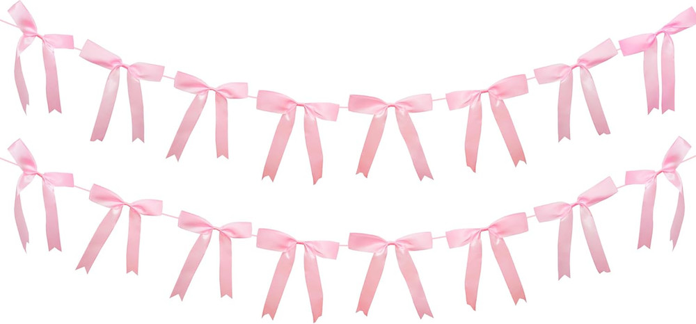 2Pcs Pink Bow Garland Banner, Satin Ribbon Decorations for Coquette Theme Birthd