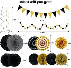 24 Pcs Black and Gold Party Decorations, Paper Fans Pom Poms Garland Decor | …