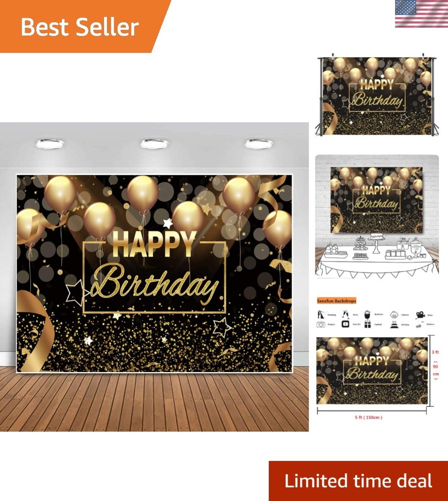 Glittery Black Gold Birthday Party Backdrop 5x3ft for Captivating Photos