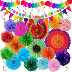 Fiesta Party Decorations – 33Pcs Colorful Mexican Themed Hanging Paper Fans, Rai