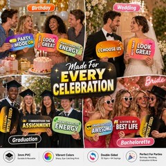 64 Designs Funny Photo Booth Props, 32 Double Sided PVC Signs