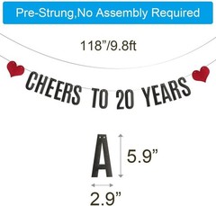 Cheers to 20 Years Banner, Pre-Strung, Black Glitter Paper /Red Hearts New- 2 Pk