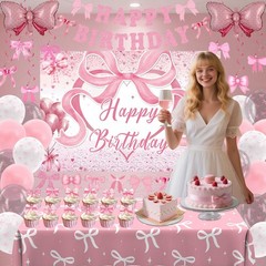 Pink Bow Decorations for Girls , Coquette Decorations, Pink and White Happy B…