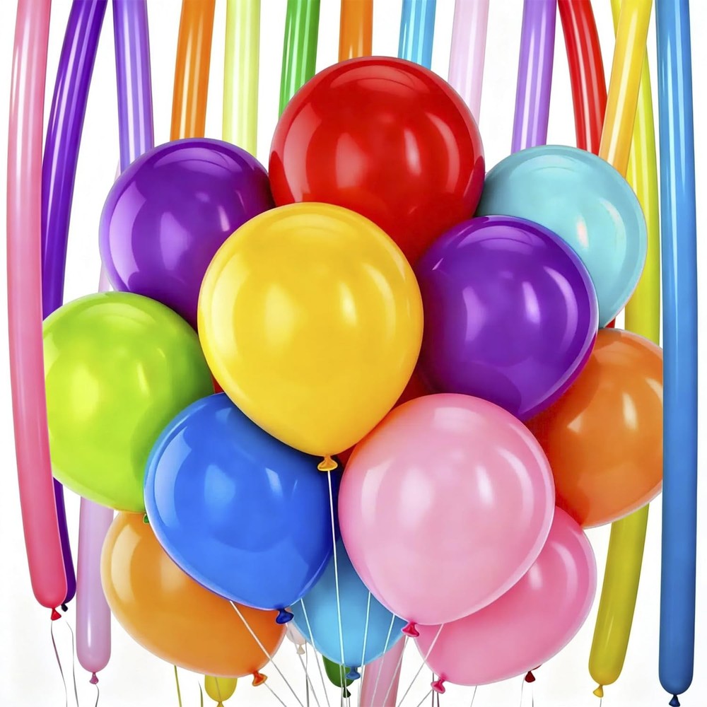 Assorted Rainbow Latex Balloons, 60 Pack 12 inch Round and 60inch long balloo…