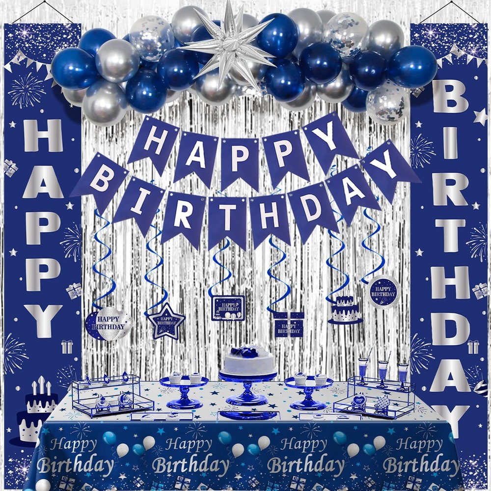Blue Birthday Decorations Men Women Boys Navy Silver Banner Balloons
