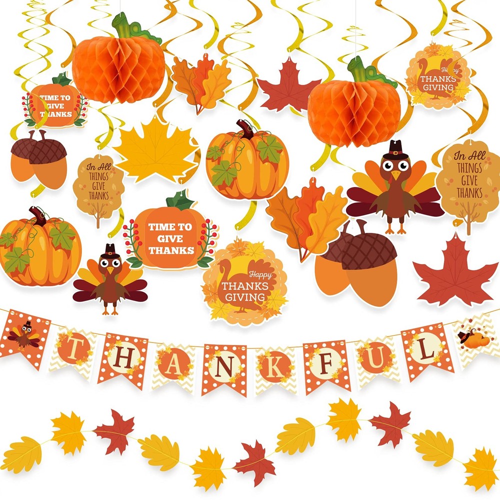 40PCS Thanksgiving Decorations – Pre-Assembled Banner & Garland, Hanging Deco…