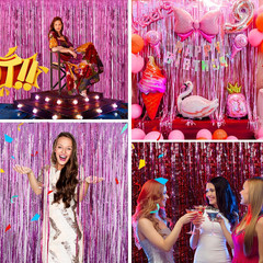Pink Backdrop Birthday Party Decorations 3.3X8.2Ft, 2 Pack Tinsel Foil Fringe