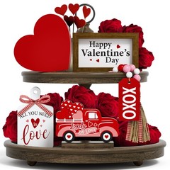 Valentine’s Day Tiered Tray Decor Set – 5 Pcs Heart 4.72×3.35 inches, Red