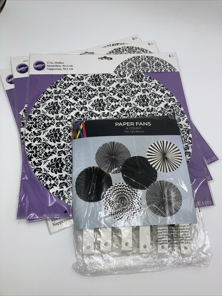 NEW Black/White Party Dec. 6 Paper Fans Hobby lobby & 18 Wilton Paper Doilies