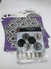 NEW Black/White Party Dec. 6 Paper Fans Hobby lobby & 18 Wilton Paper Doilies