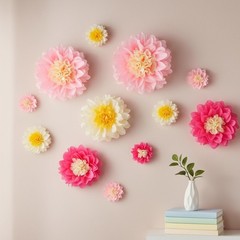 24 PCS Daisy Tissue Paper Pom Poms Party Decorations Hanging Paper Flowers Pink
