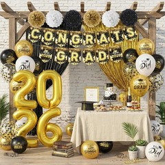 2026 Graduation Decorations – Black & Gold Balloons, Congrats Grad Banner, Party