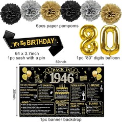 80th Birthday Decorations for Men Women, 21pcs the Year 1946 Banner Balloon Part