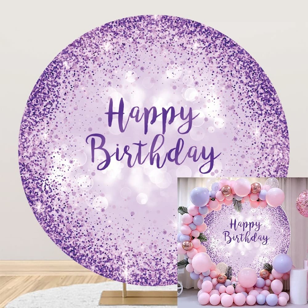 OERJU Purple Birthday Round Backdrop Cover Purple Bokeh Dots Happy Birthday R…
