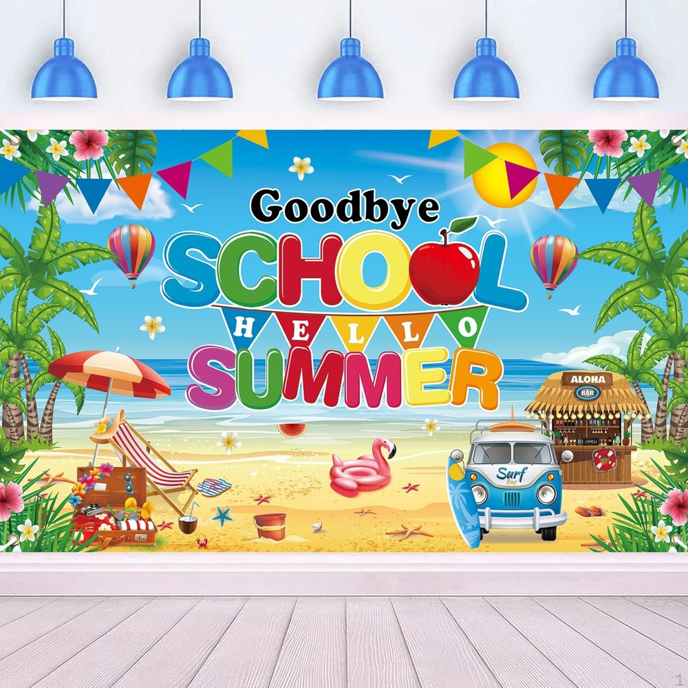 Hello Summer Decorations Goodbye School Beach Backdrop Banner Gift 72″x44″