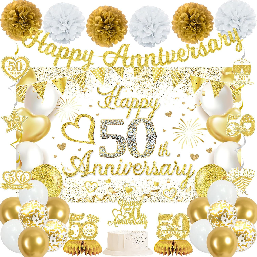 50Th Anniversary Decorations for Couple, White Gold Cheers to 50 Years Wedding P