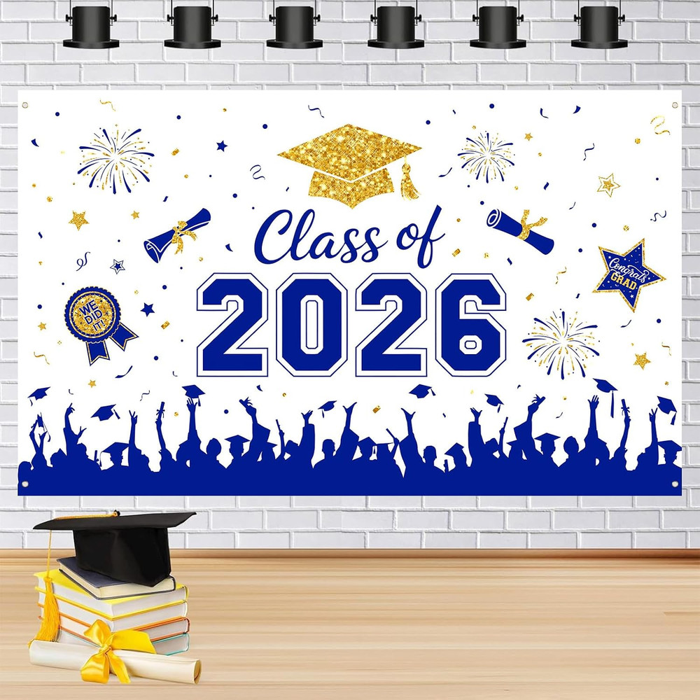 Graduation Decorations 2026 Backdrop Banner – Blue Gold Congrats Grad Photo Prop