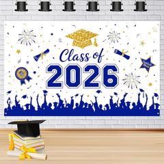 Graduation Decorations 2026 Backdrop Banner – Blue Gold Congrats Grad Photo Prop