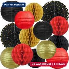 14 Pack Red Black and Gold Party Decorations Kit, Hanging Paper Lanterns & Fans