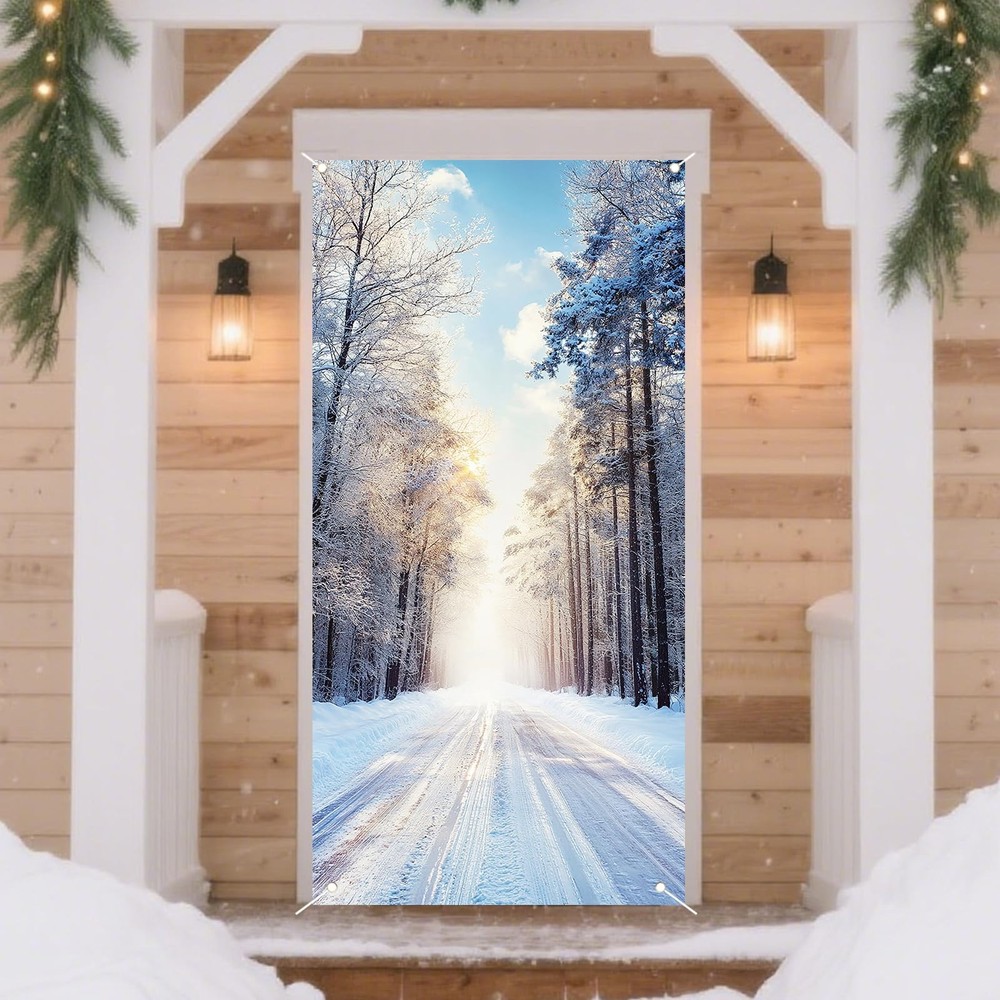 Christmas Door Cover for Front Christmas Door Decorations Festive Snowy Fores…
