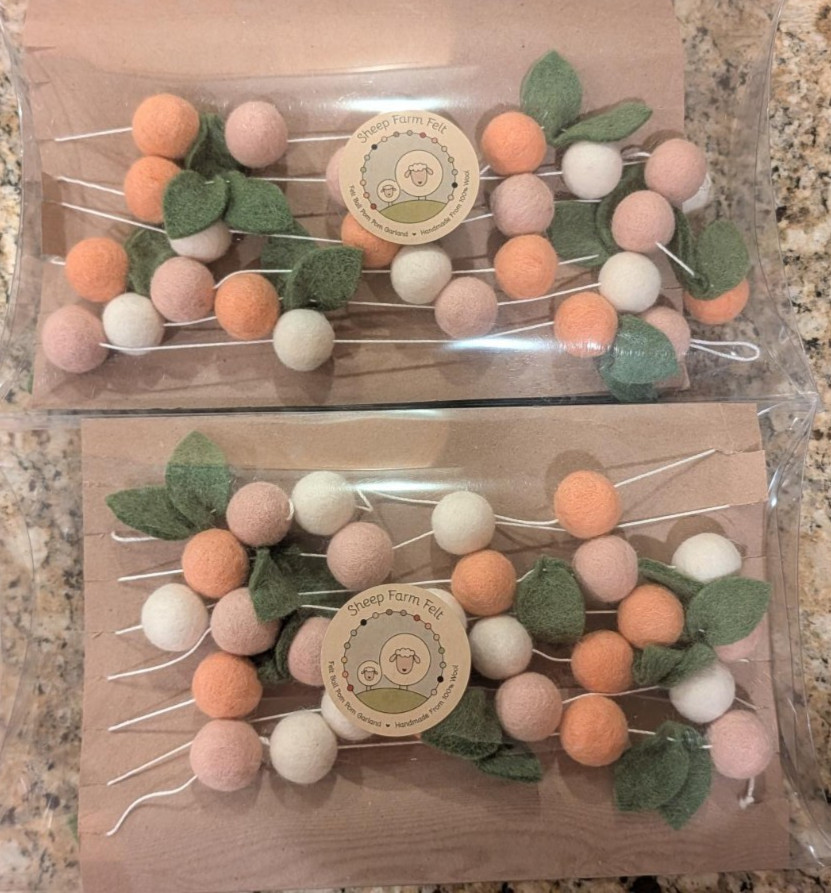 Sheep Farm Felt Ball Garland «Spring Blush» Lot of 2 – 12′ Long Each 100% Wool