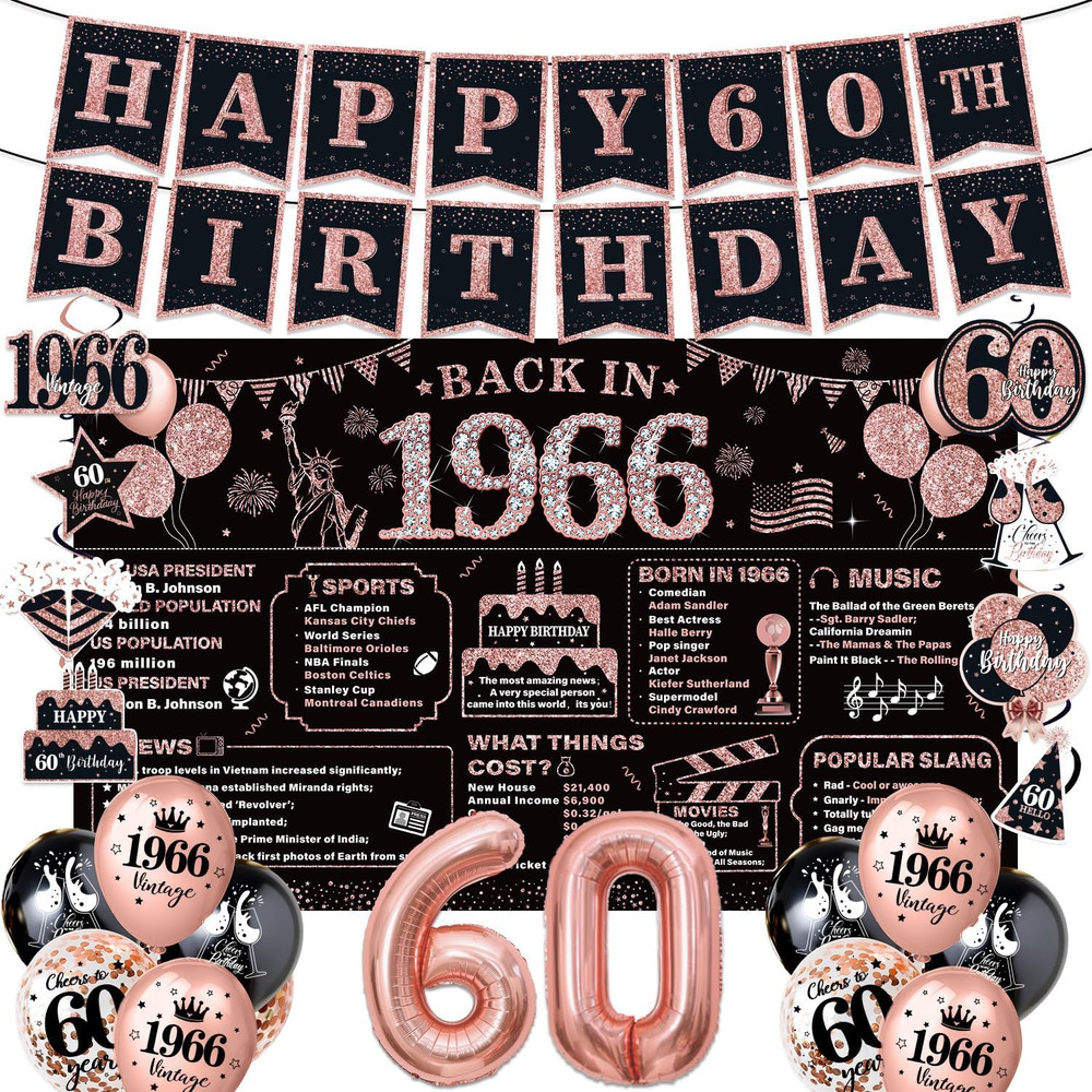 Rose Gold 60Th Birthday Decorations for Women – 37Pcs Happy 60Th Birthday Banner