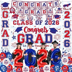 Elegant Red & Blue 2026 Graduation Decor: Banners, Balloons, and Backdrops