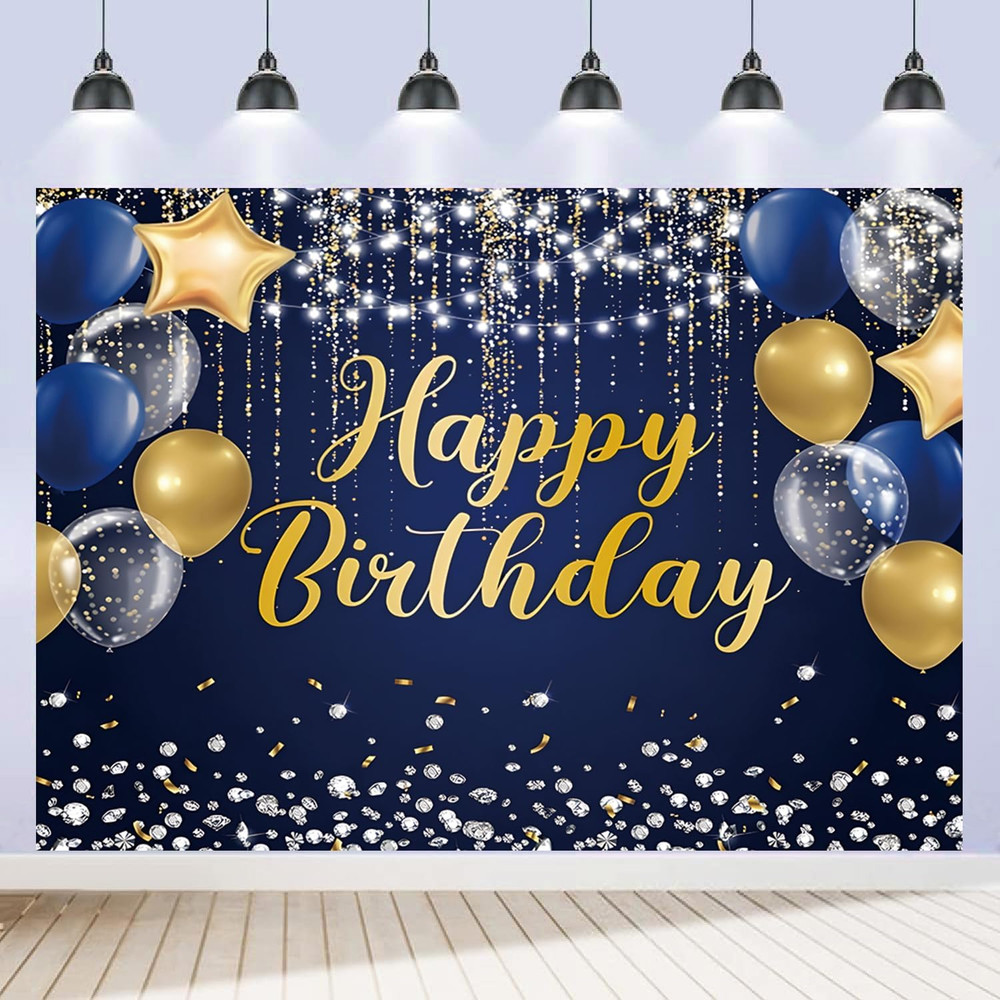 Happy Birthday Backdrop 7X5Ft for Men Boys Navy Blue and Gold Happy Birthday Ban