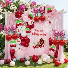 Cherry Balloon Arch Kit, Burgundy Pink White Transparent Pink Bow Red Cherry