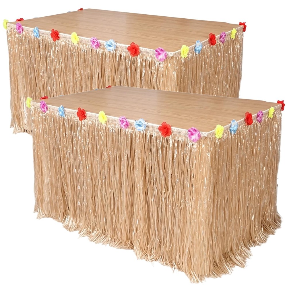 2 Pack Hawaiian Luau Grass Table Skirt, 9ft x 2.4ft Grass Party Decorations