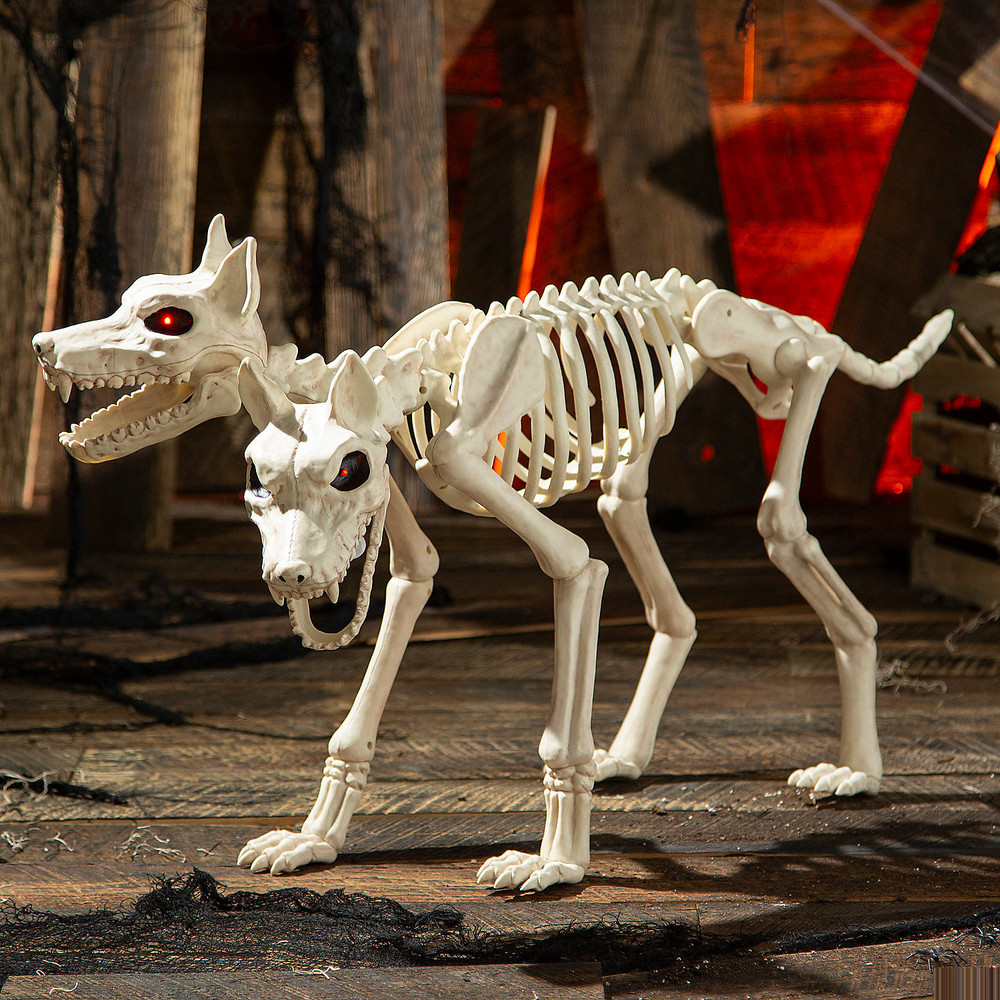 animated Two-Headed Doberman Dog Skeleton Halloween Decoration 37 3/4