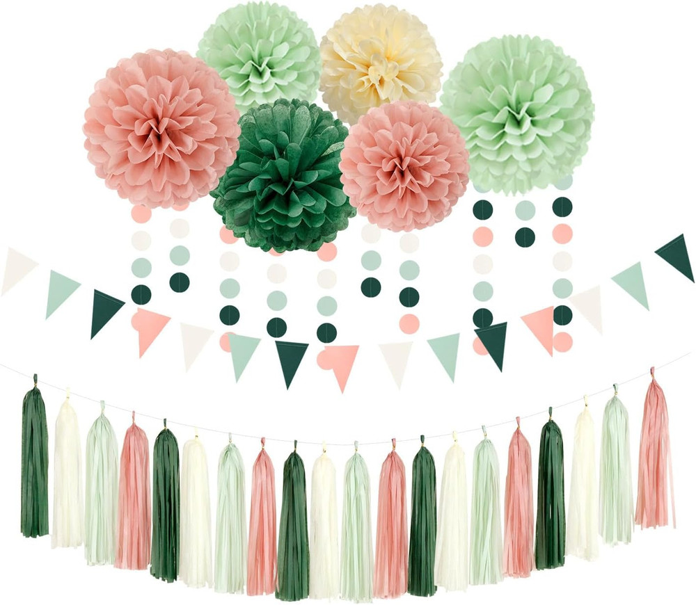 Sage-Olive Green Pink-Beige Boho Party Decorations -23Pcs Rustic Neutral Wedding