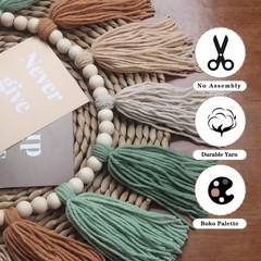 Sage Green Brown Boho Yarn Wood Bead Tassel Garland Wall Hanging Decor Neutra…