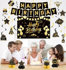 Elegant Gold Party Decor Set, Birthday Banner, Balloons, Centerpieces, Streamers