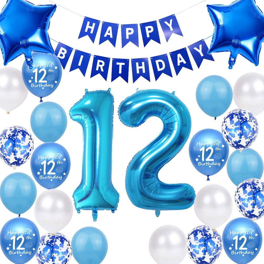 12th Birthday Party Decorations Blue for Girls, 12th Birthday Banner Blue Num…