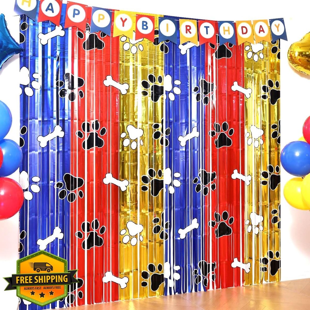 Playful Paw Party Decor Kit with 15 Balloons – 2 Pack 3.3×6.6ft Tinsel Fringe…