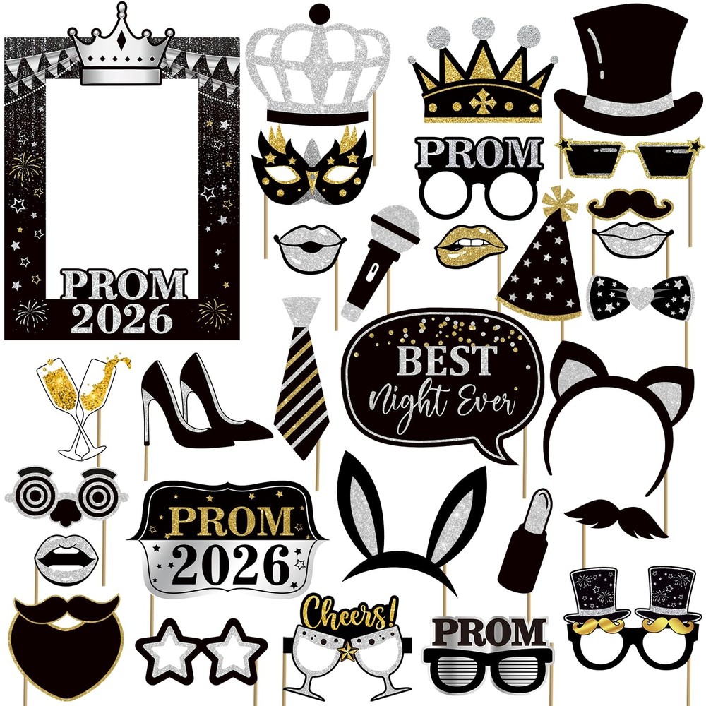 30 PCS 2026 Prom Photo Booth Props Frame Black Gold Silver Graduation Decor