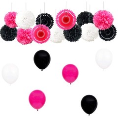 45pcs Hot Pink Black Party Decorations Kit Baby Girl Shower Rose Red Happy Ba…