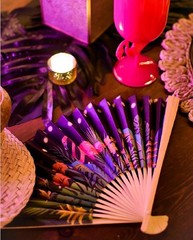 12pc Exotic Flowers & Flamingos Folding Paper & Wood Hand-Held Fans Favors #817
