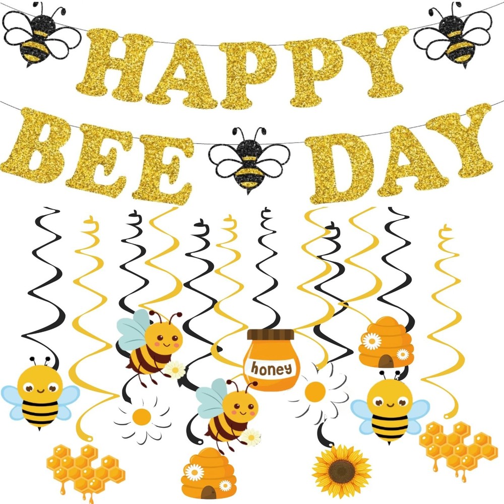 Bee Birthday Party Decorations,Glitter Happy Birthday Banner with Hanging Swi…