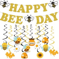 Bee Birthday Party Decorations,Glitter Happy Birthday Banner with Hanging Swi…