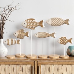 6 Pcs Wooden Fish Table Decor Summer Ocean Tabletop Centerpiece Sea Animal St…
