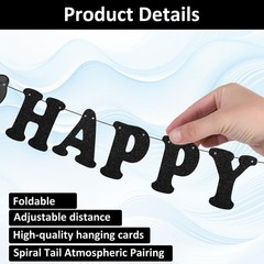 Black Happy Birthday Banner and Hanging Swirls Bow, Black Happy Birthday Bow …