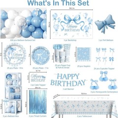 288 PCS Blue Bow Birthday Decorations, Worry-Free One-Stop Set for 25 Guests, wi