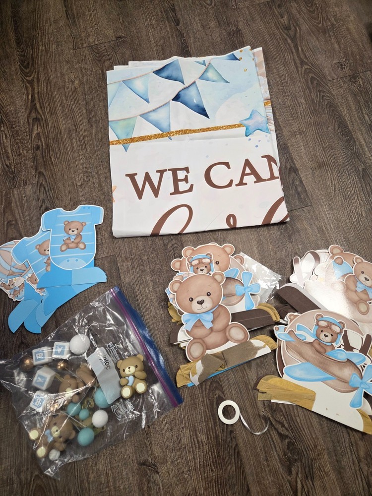 We Can Bearly Wait Baby Boy Brown Blue Shower Party Decor Banner Cake ToppersSet