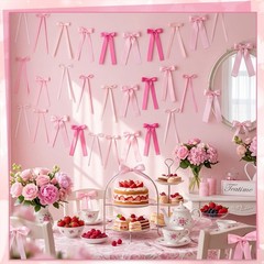 48 PCS Pink Bow Wall Decor Ribbon Bows Party Bridal Shower Wedding Backdrop