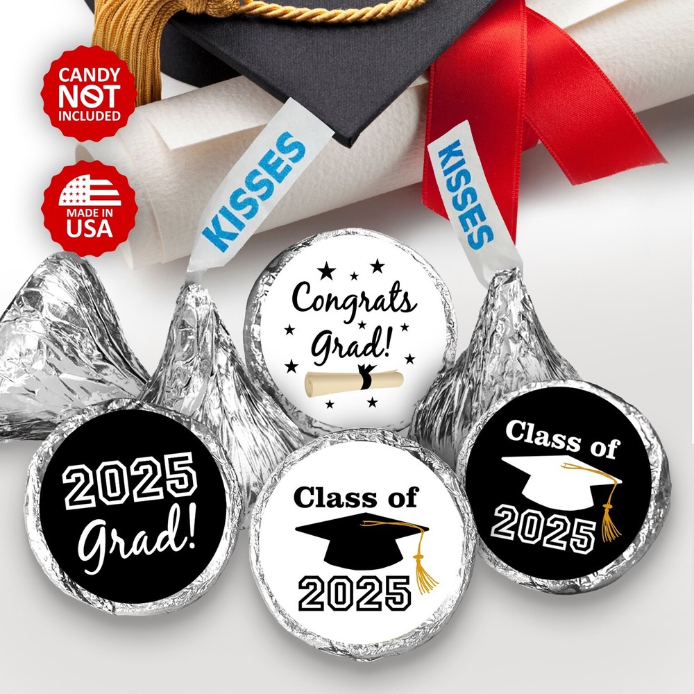 Class of 2025 Black Graduation Party Favor Kisses Stickers Labels SET of 216