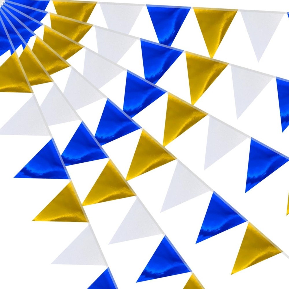 64ft Royal Blue Gold White Triangle Pennant Banner Flag Metallic Bunting Garl…